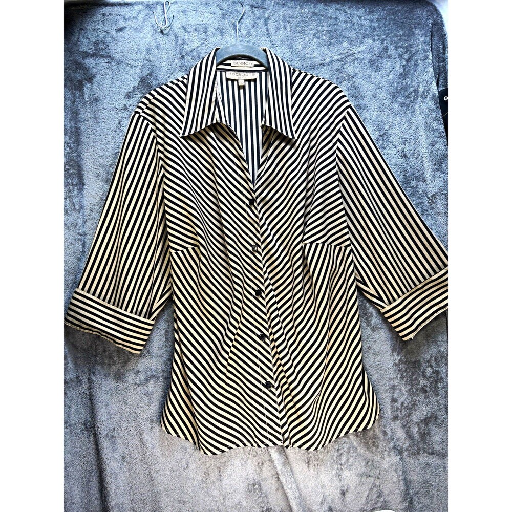 Notations Women’s 2X Plus Black/Khaki Striped Collared 3/4 Sleeve Blouse